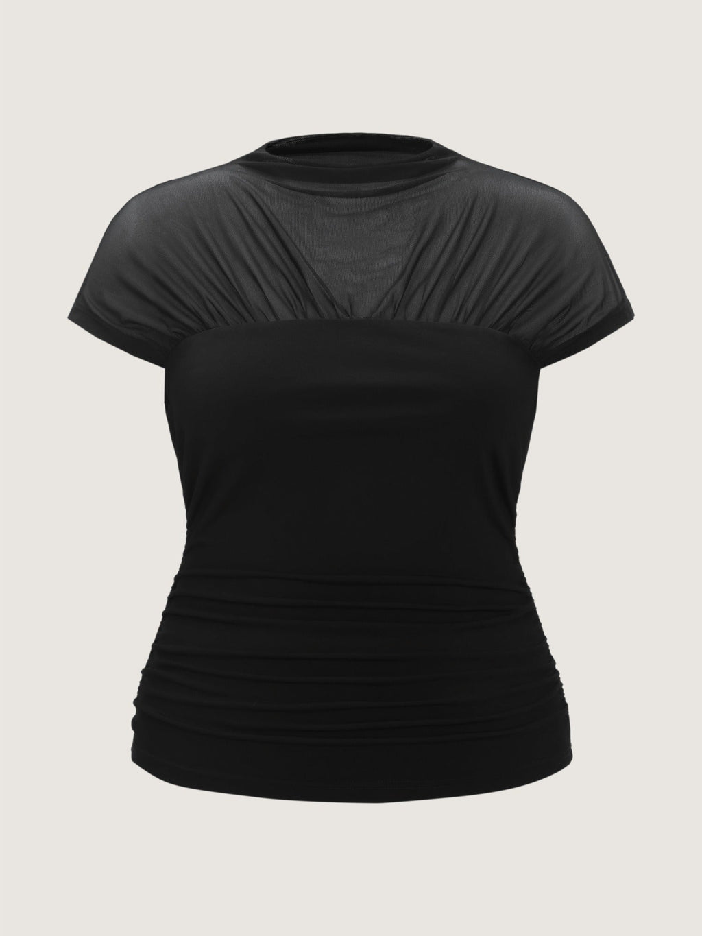 Solid Sheer Mesh Mock Neck Side Ruched Top