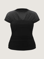 Solid Sheer Mesh Mock Neck Side Ruched Top