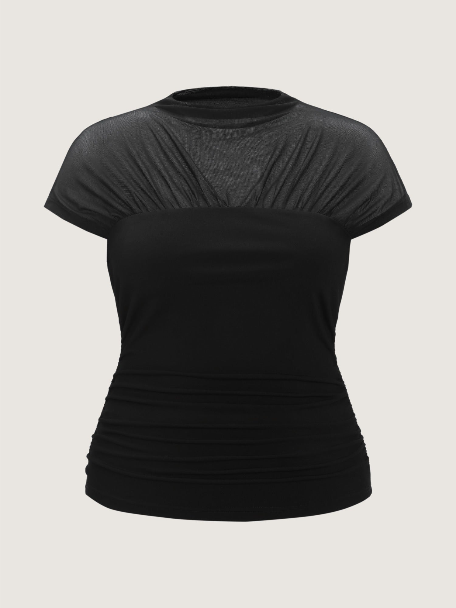 Solid Sheer Mesh Mock Neck Side Ruched Top