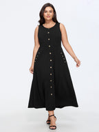 Stretchy Front Gold Button A Line Midi Dress