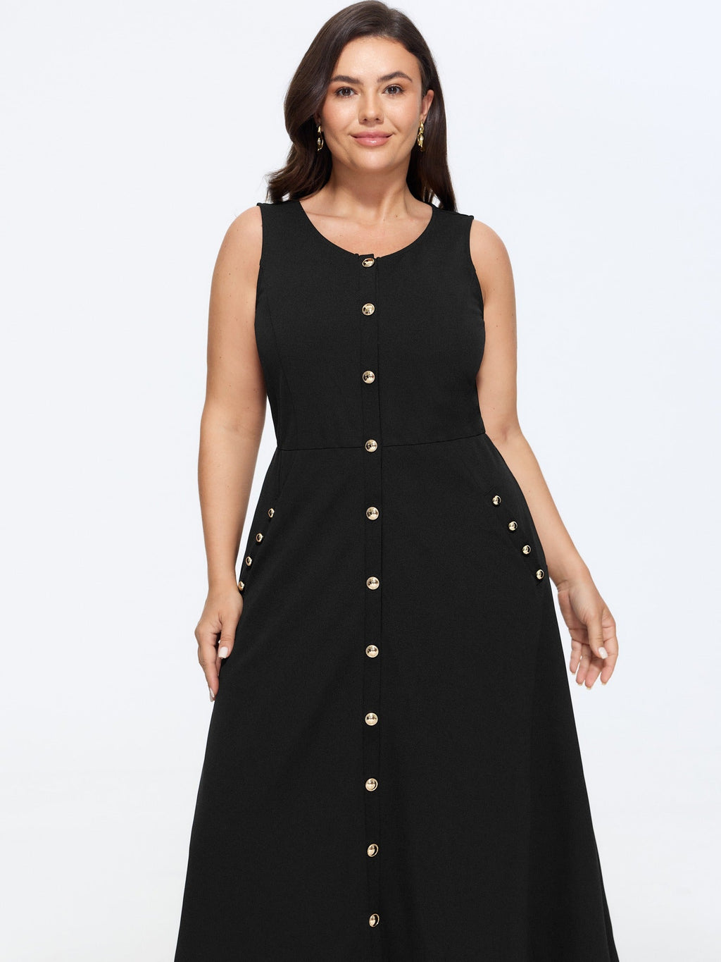 Stretchy Front Gold Button A Line Midi Dress