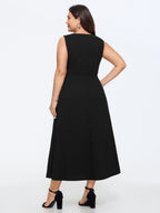 Stretchy Front Gold Button A Line Midi Dress