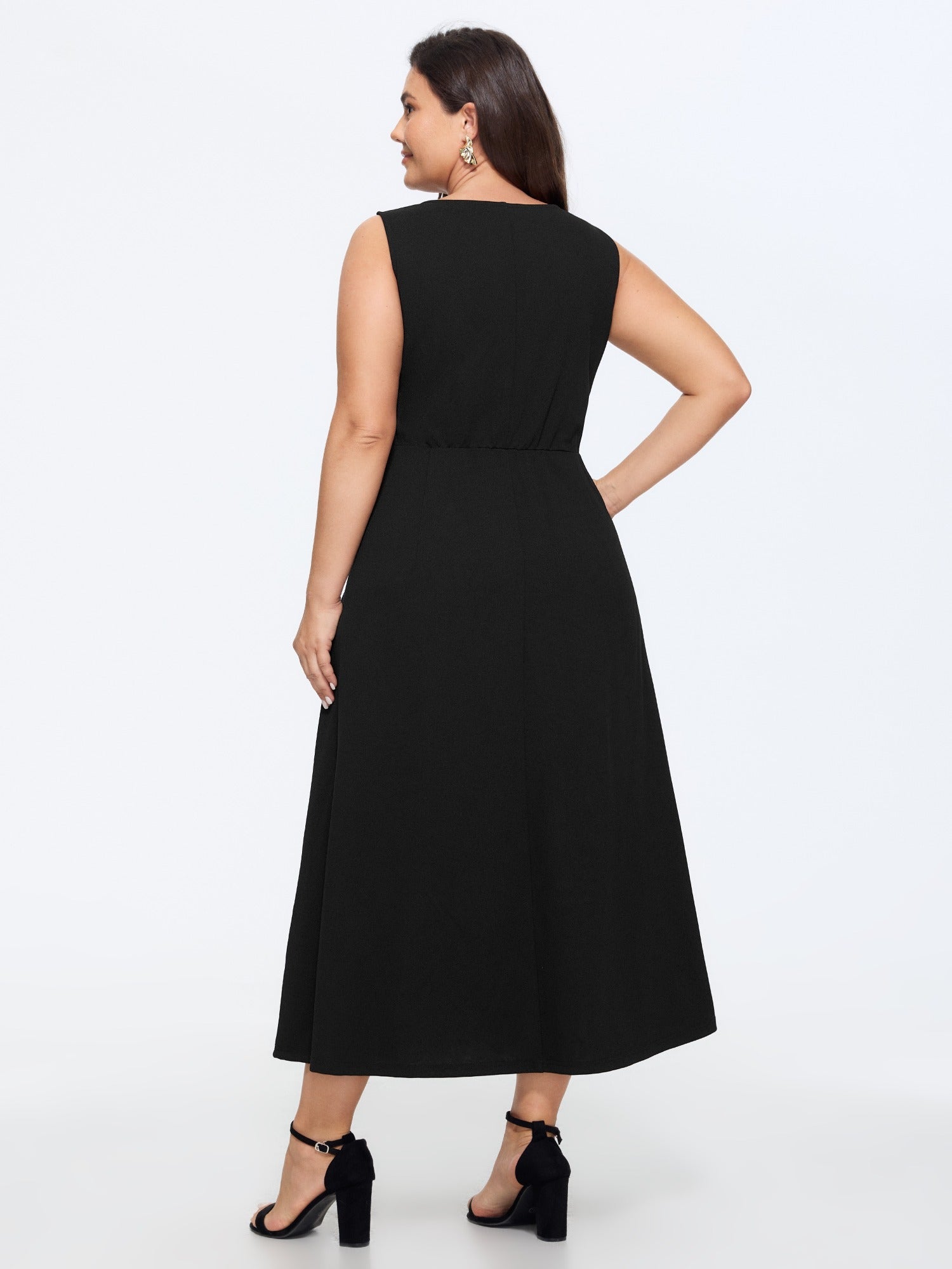 Stretchy Front Gold Button A Line Midi Dress