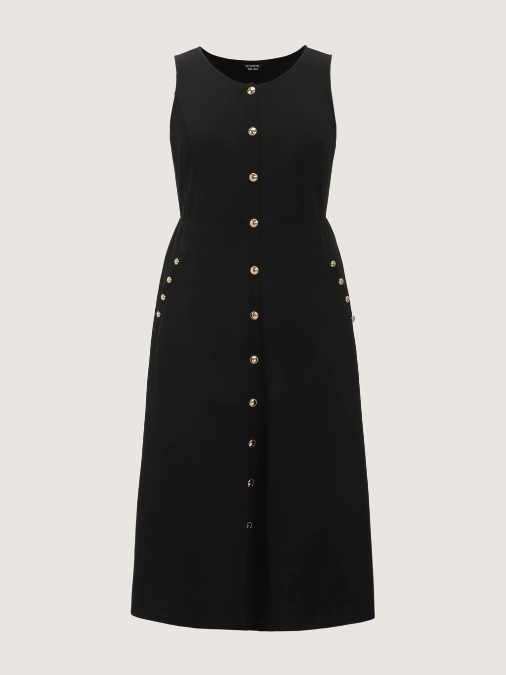 Stretchy Front Gold Button A Line Midi Dress