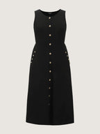 Stretchy Front Gold Button A Line Midi Dress