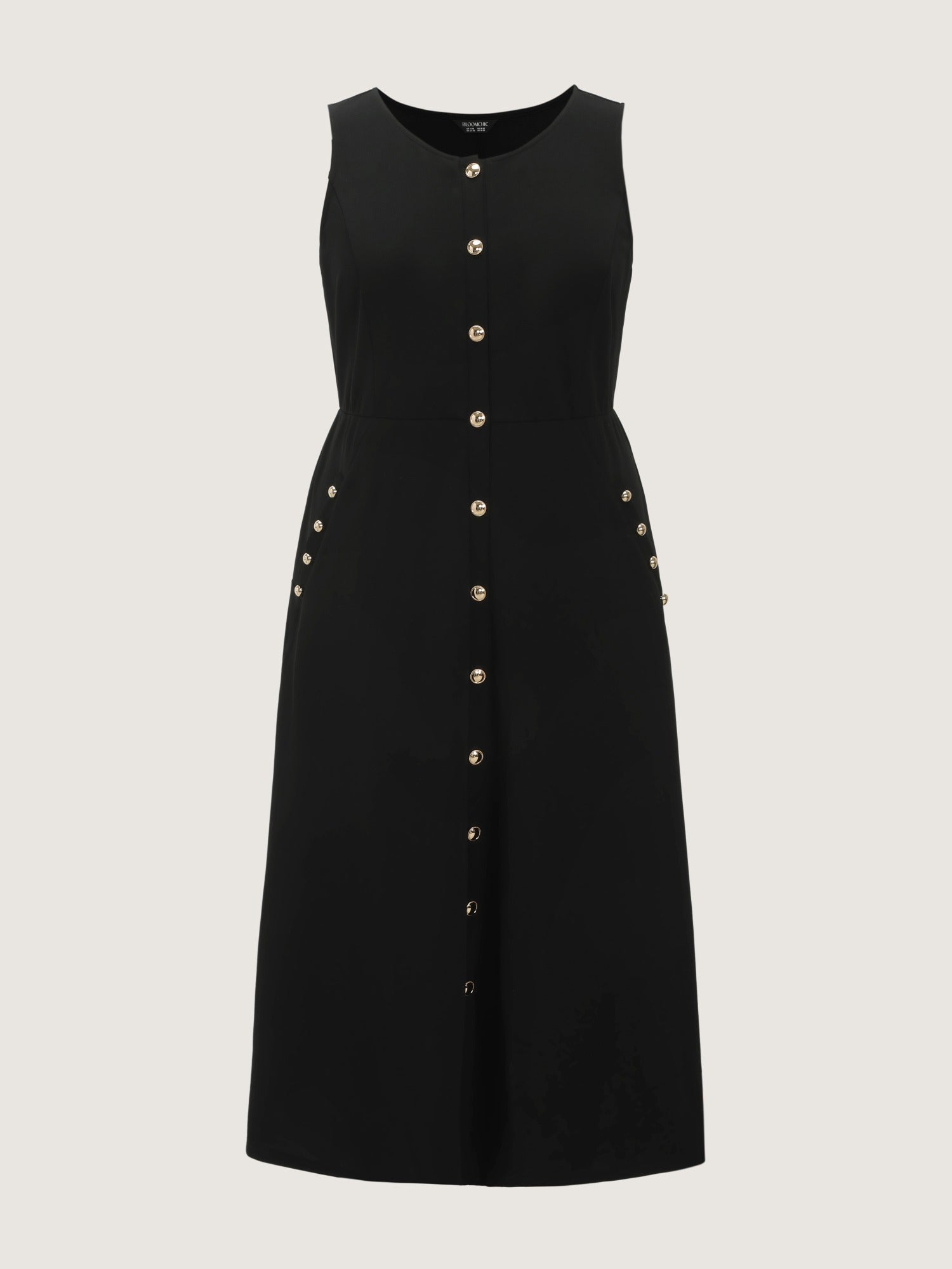 Stretchy Front Gold Button A Line Midi Dress