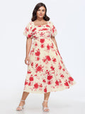 Floral Print Puff Sleeve Ruched Tiered Midi Dress
