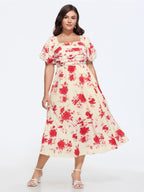 Floral Print Puff Sleeve Ruched Tiered Midi Dress