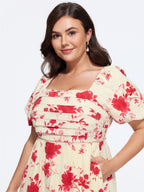 Floral Print Puff Sleeve Ruched Tiered Midi Dress