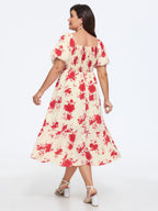 Floral Print Puff Sleeve Ruched Tiered Midi Dress