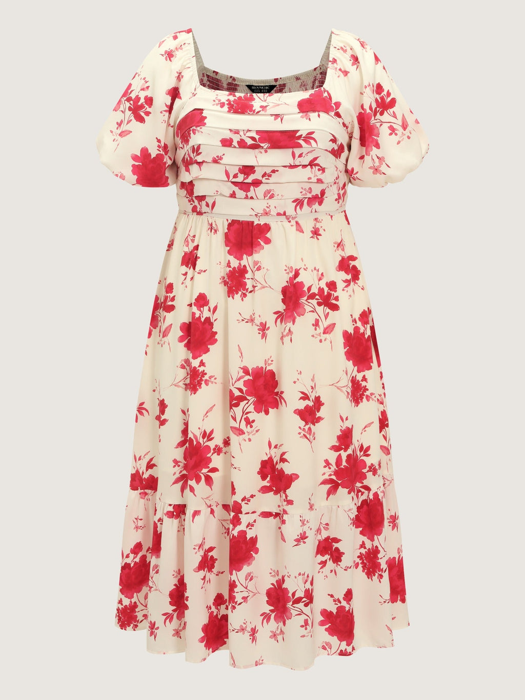 Floral Print Puff Sleeve Ruched Tiered Midi Dress