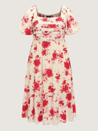 Floral Print Puff Sleeve Ruched Tiered Midi Dress