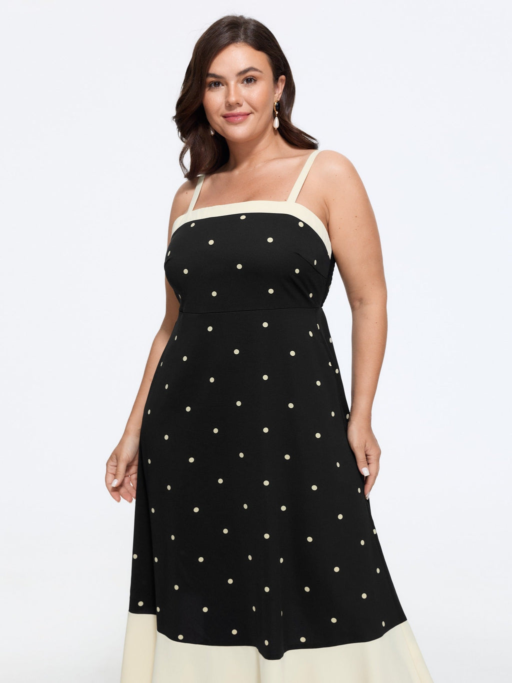 Polka Dot Color Block Hem Shirred Midi Dress