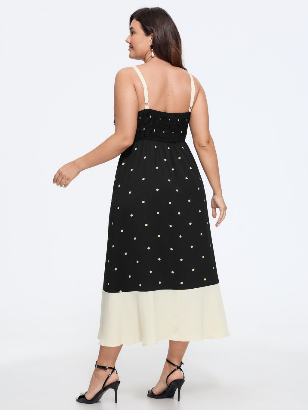 Polka Dot Color Block Hem Shirred Midi Dress