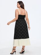 Polka Dot Color Block Hem Shirred Midi Dress