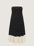 Polka Dot Color Block Hem Shirred Midi Dress