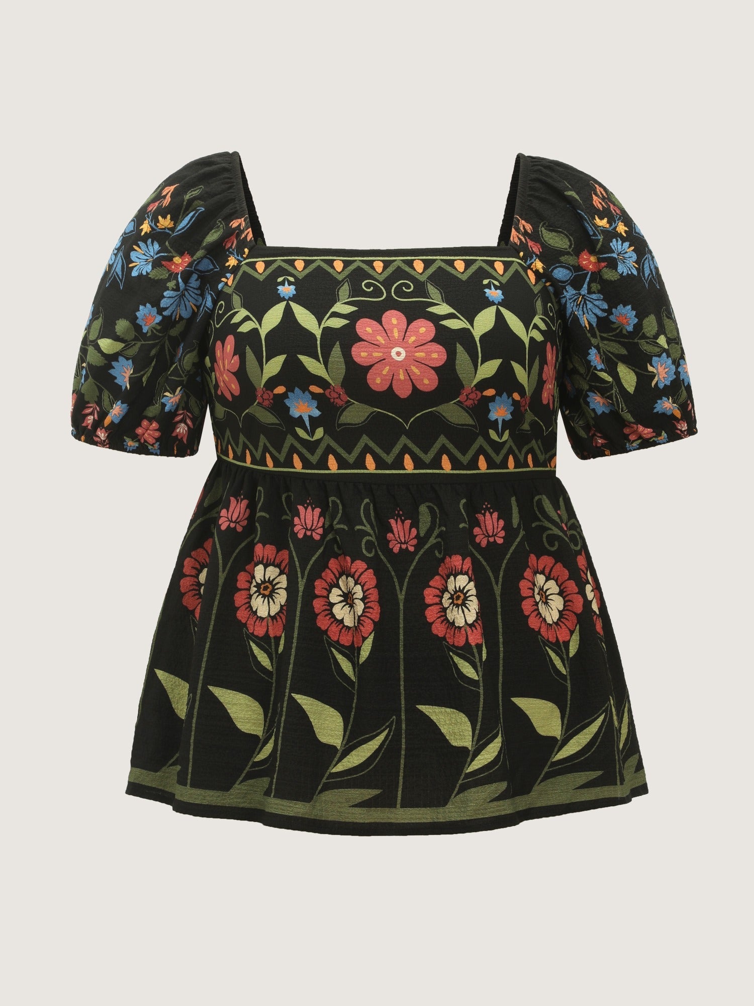 Boho Floral Square Neck Peplum Blouse