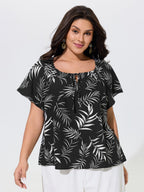 Palm Leaf Print Drawstring Neck Blouse