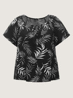 Palm Leaf Print Drawstring Neck Blouse