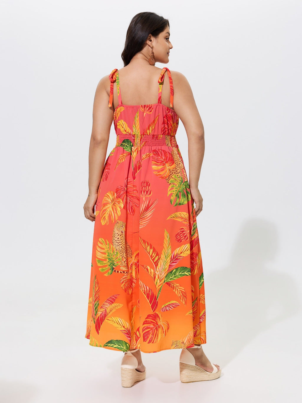 Tropical Leaf Print Shirred Tie Shoulder Maxi Dress