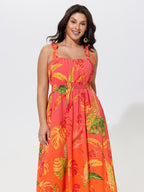 Tropical Leaf Print Shirred Tie Shoulder Maxi Dress