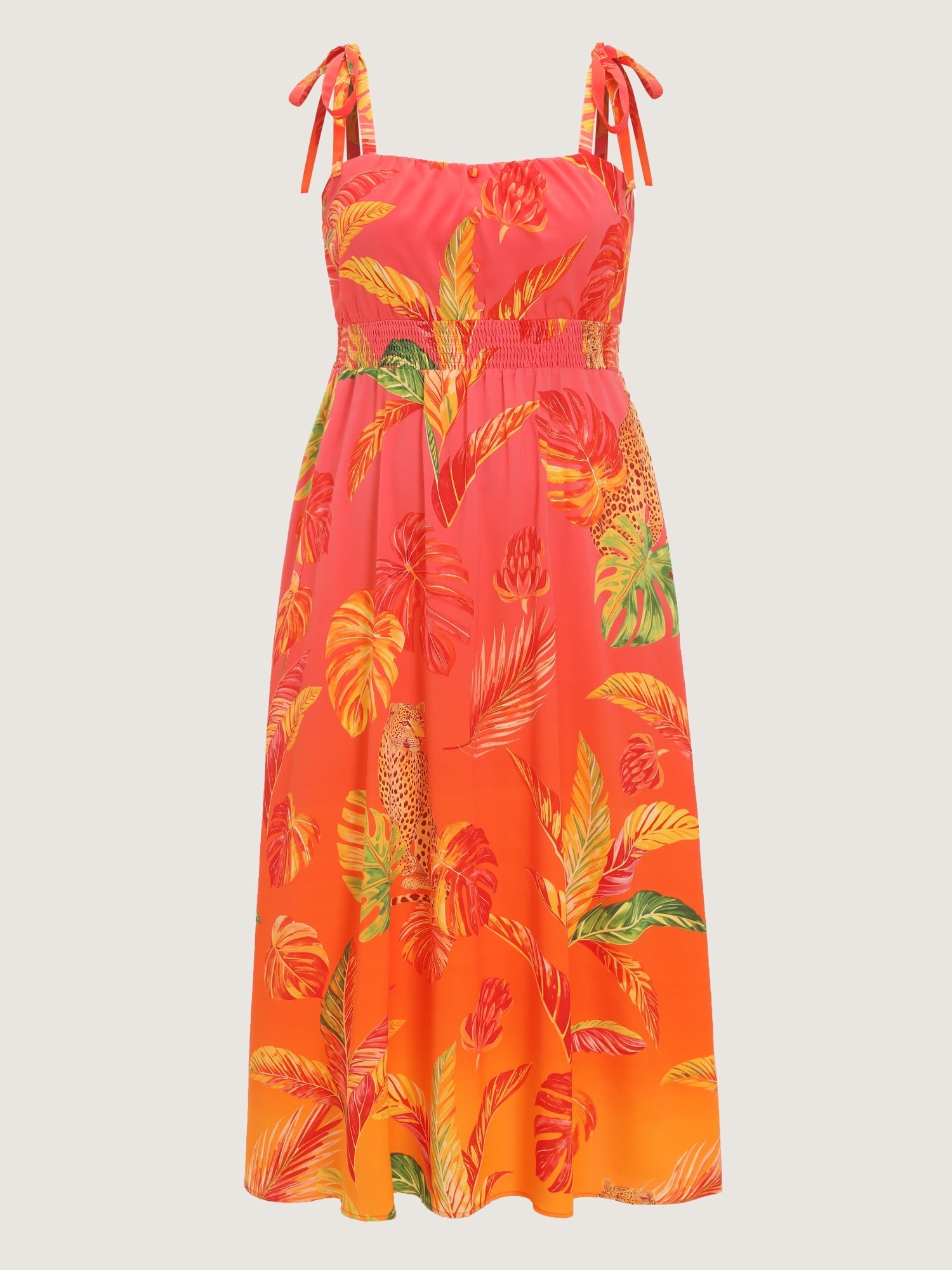 Tropical Leaf Print Shirred Tie Shoulder Maxi Dress