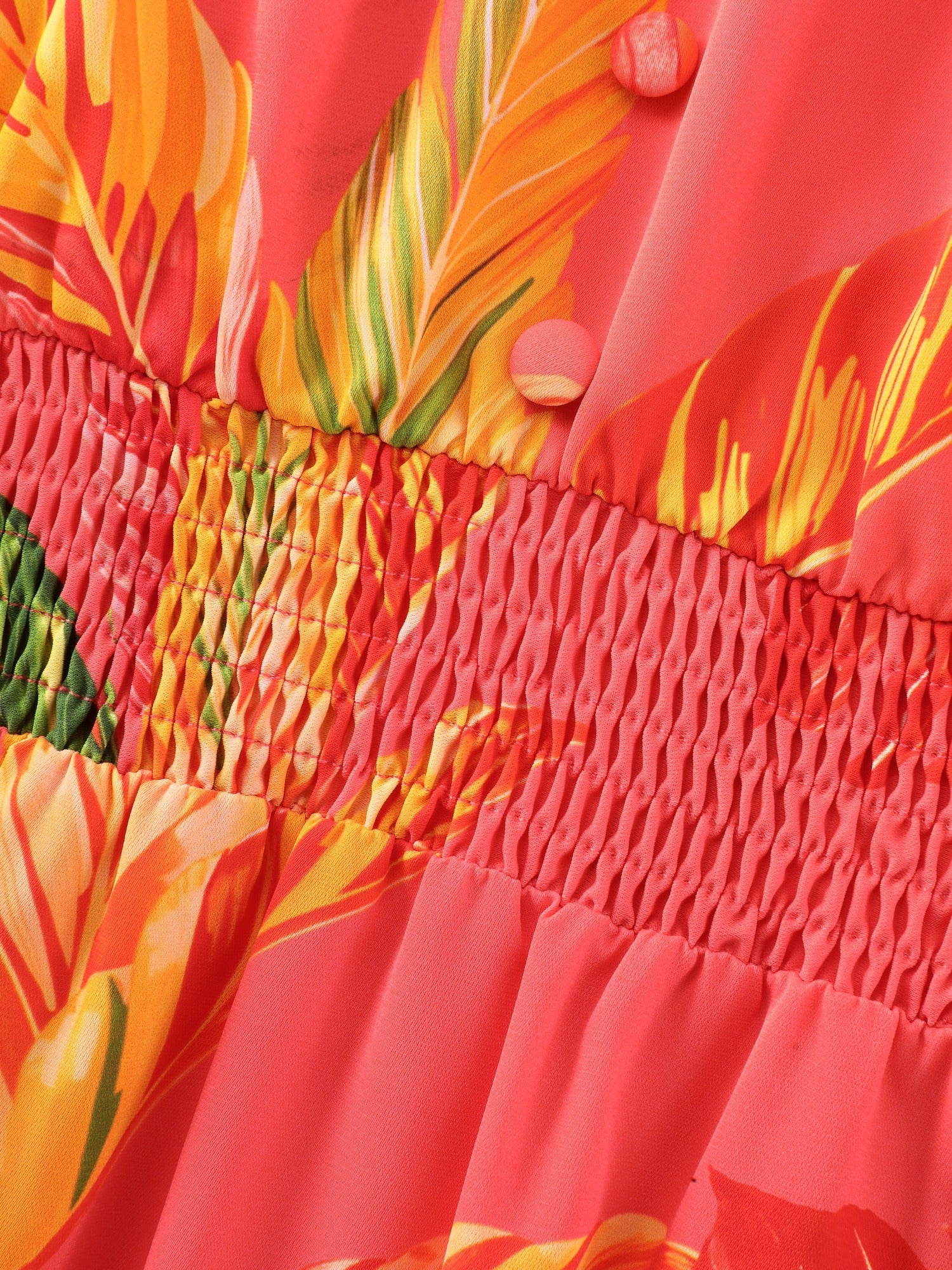 Tropical Leaf Print Shirred Tie Shoulder Maxi Dress