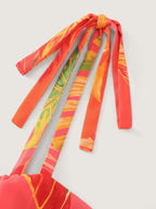 Tropical Leaf Print Shirred Tie Shoulder Maxi Dress