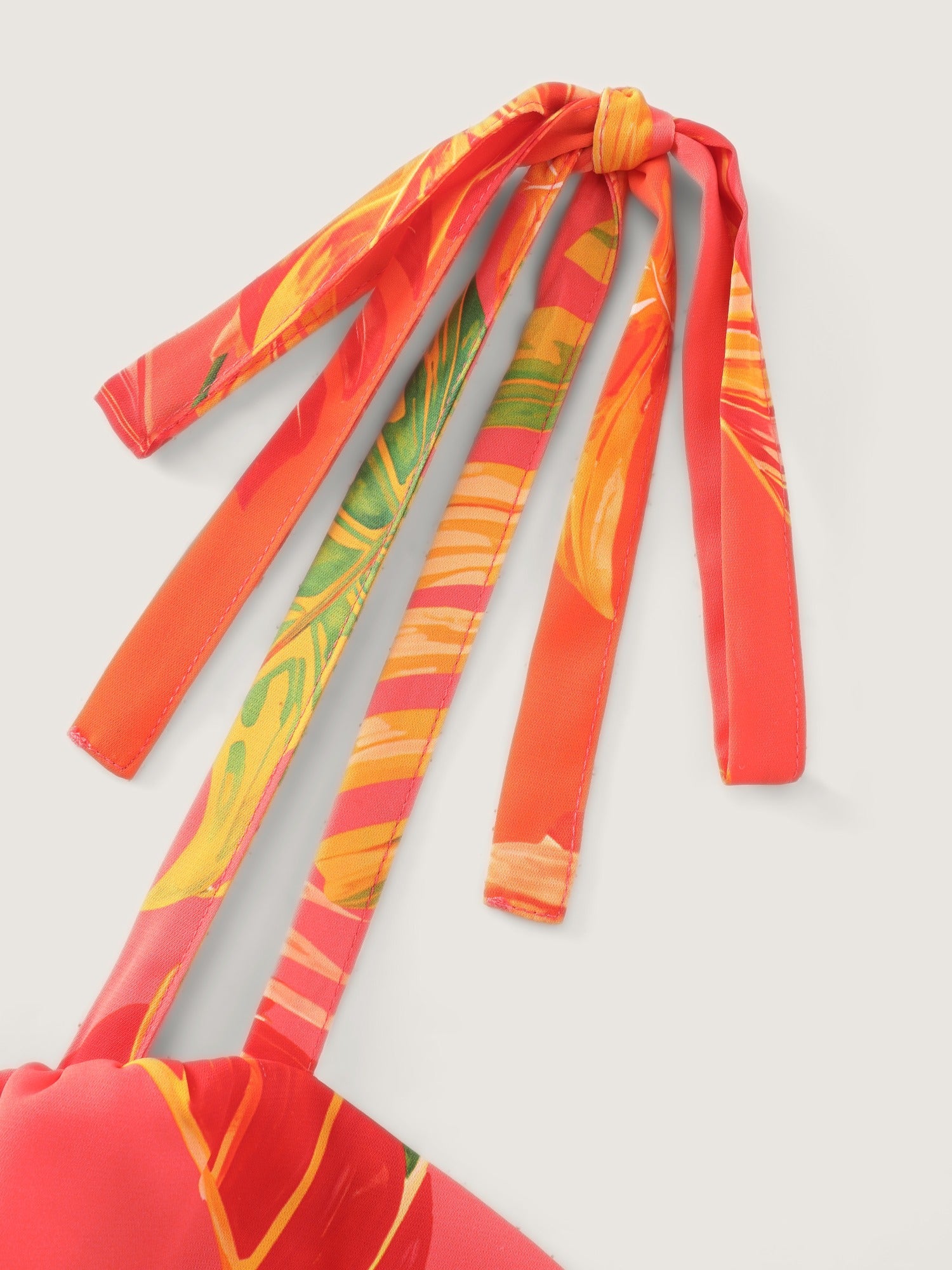Tropical Leaf Print Shirred Tie Shoulder Maxi Dress