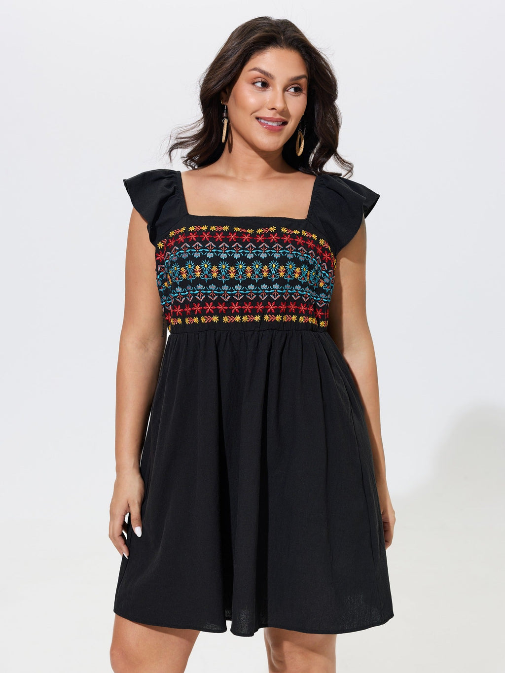 Cotton Boho Embroidery Ruffle Strap Mini Dress