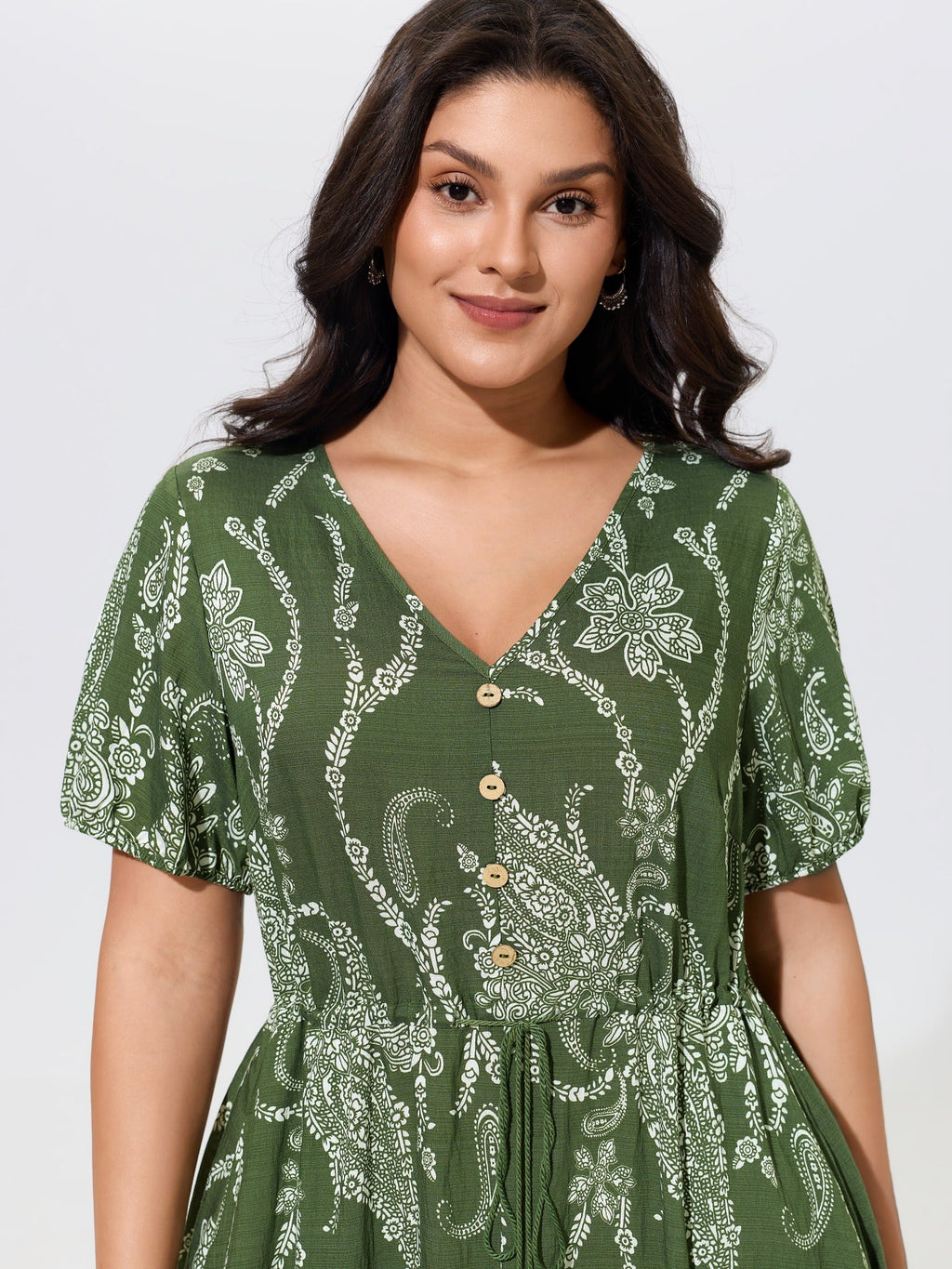 Paisley Floral Print Drawstring Waist Lace Tiered Midi Dress