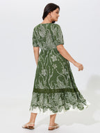 Paisley Floral Print Drawstring Waist Lace Tiered Midi Dress