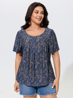 Paisley Print Round Neck Front Pleated Top