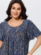 Paisley Print Round Neck Front Pleated Top
