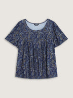 Paisley Print Round Neck Front Pleated Top