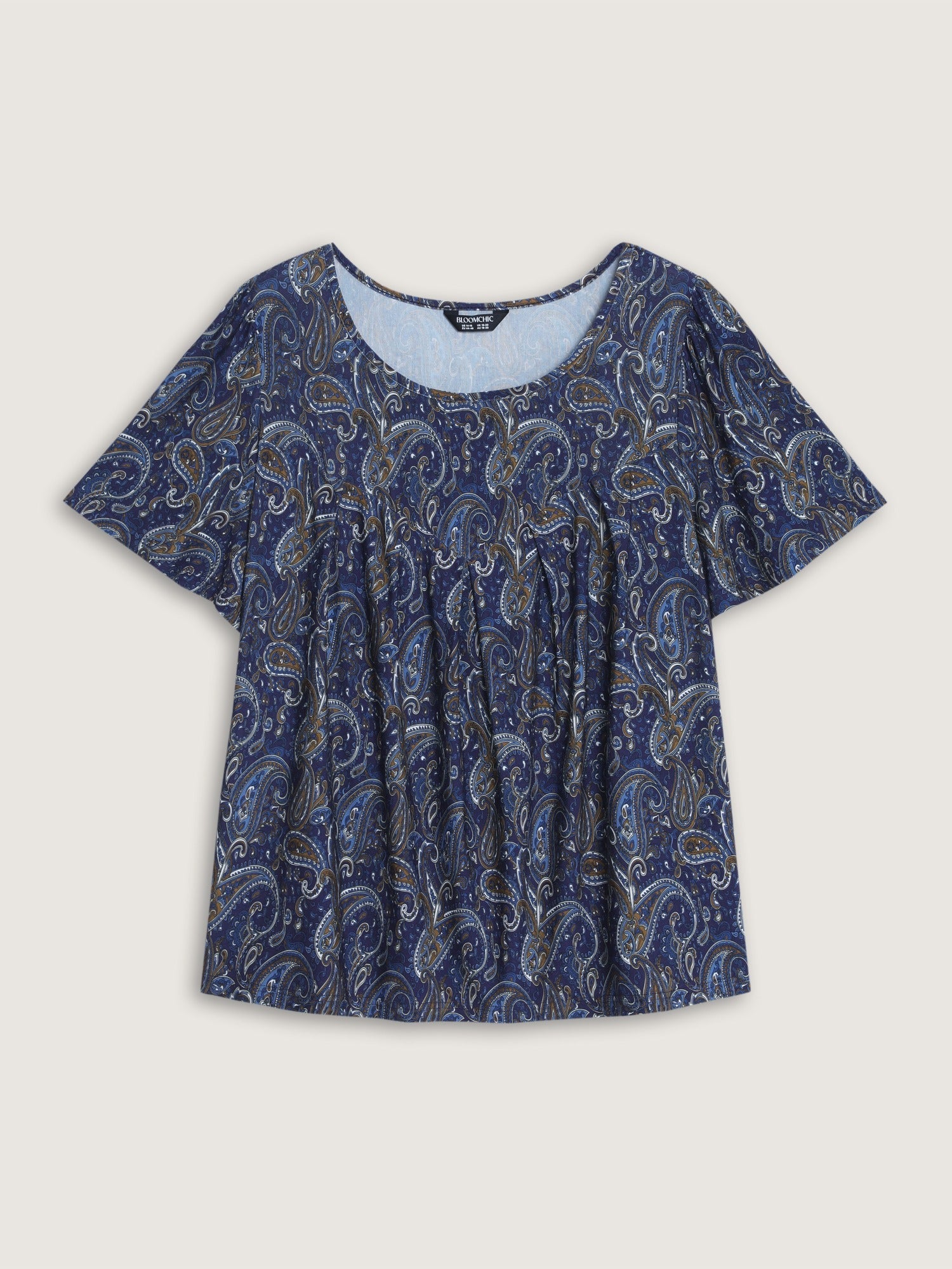 Paisley Print Round Neck Front Pleated Top