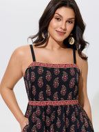 Vintage Paisley Print Shirred Midi Dress