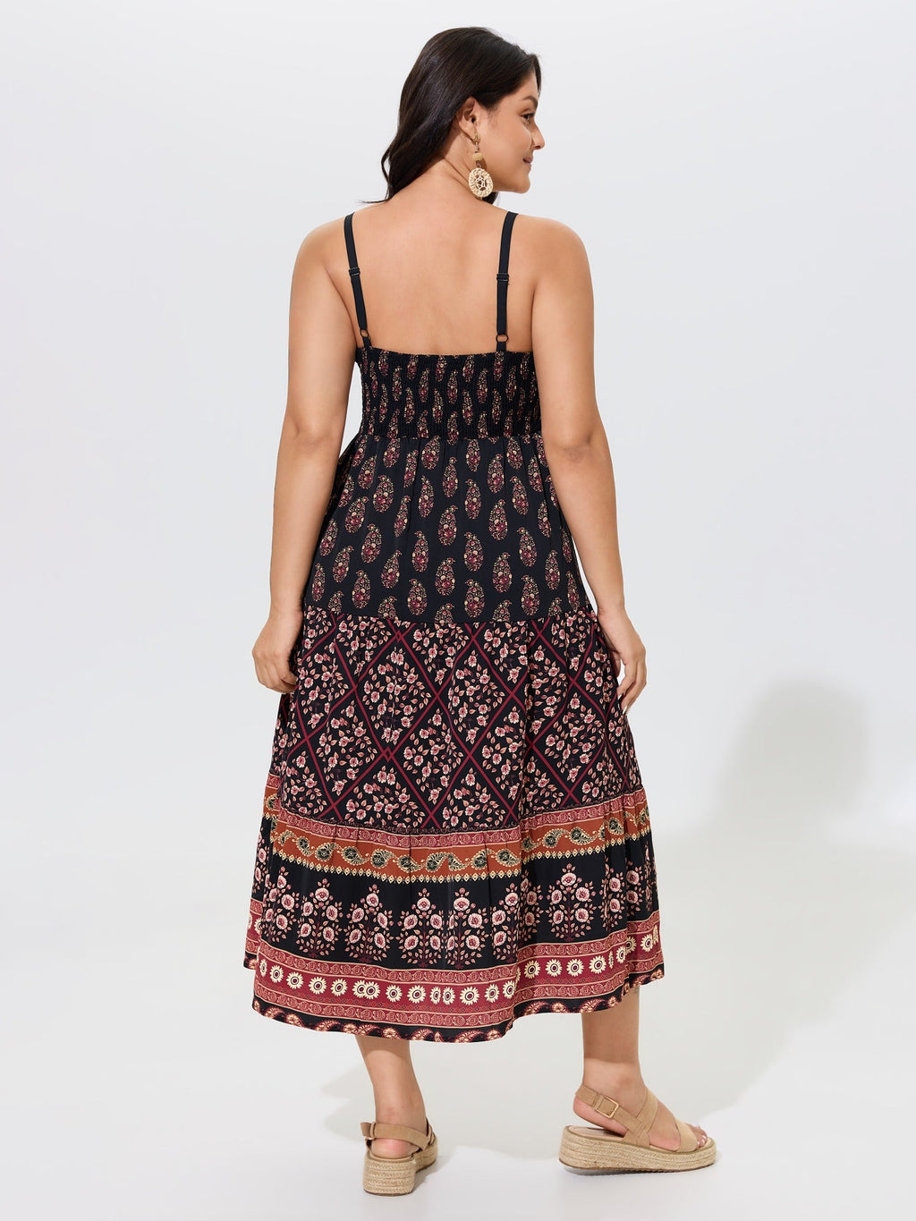 Vintage Paisley Print Shirred Midi Dress