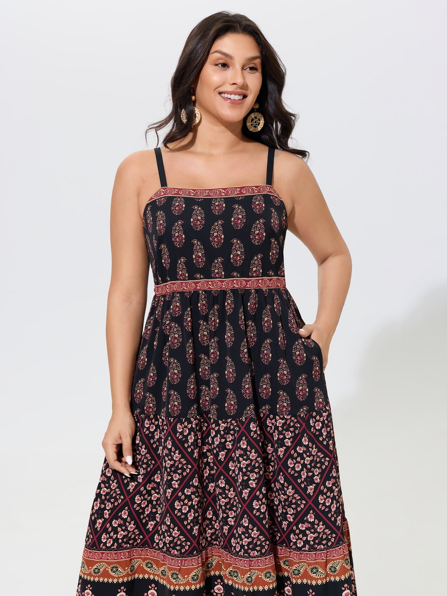 Vintage Paisley Print Shirred Midi Dress