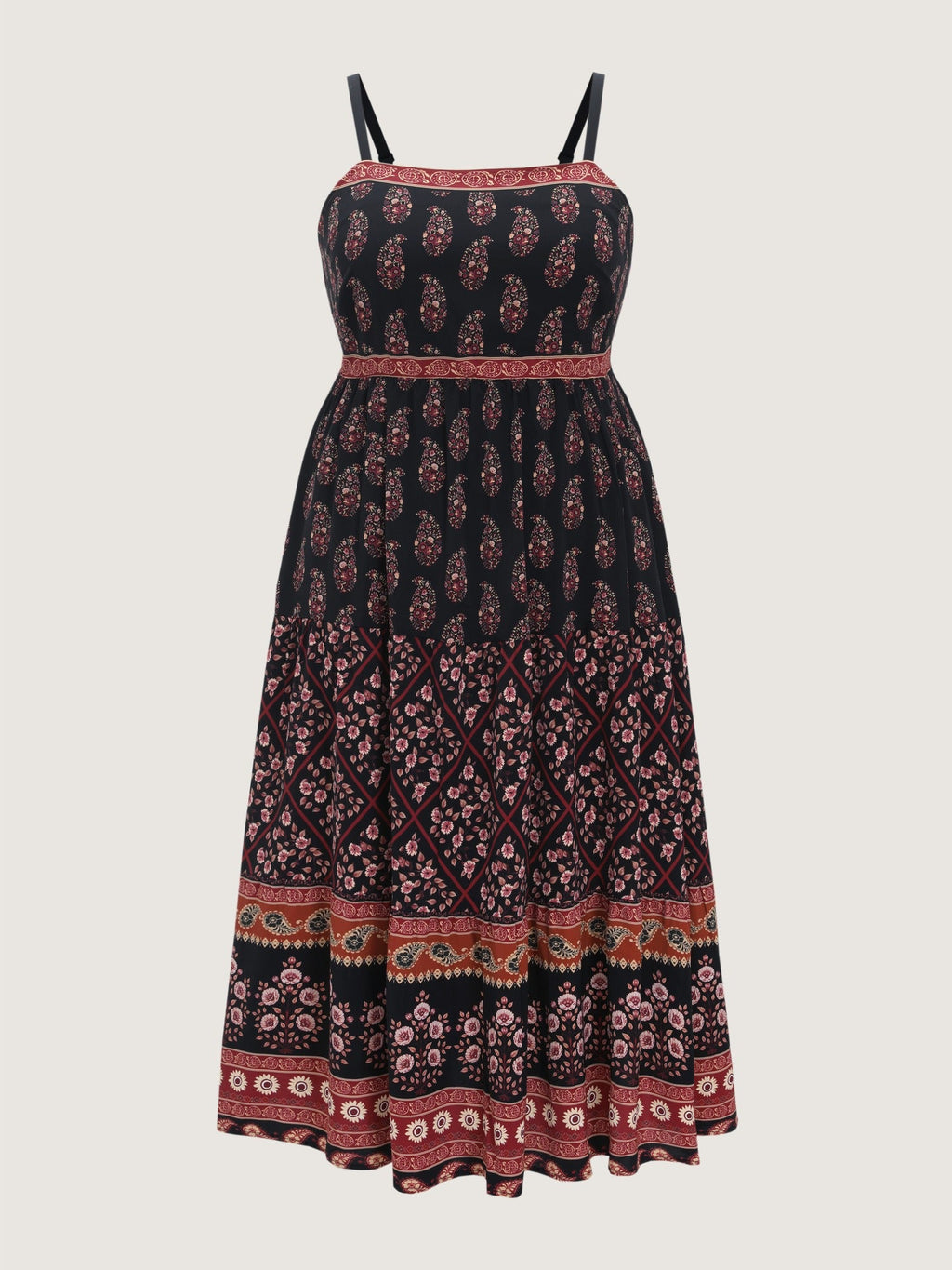 Vintage Paisley Print Shirred Midi Dress