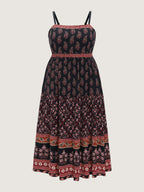 Vintage Paisley Print Shirred Midi Dress