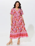 Supersoft Colorful Floral Print V Neck Ruffle Sleeve Midi Dress