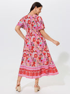 Supersoft Colorful Floral Print V Neck Ruffle Sleeve Midi Dress