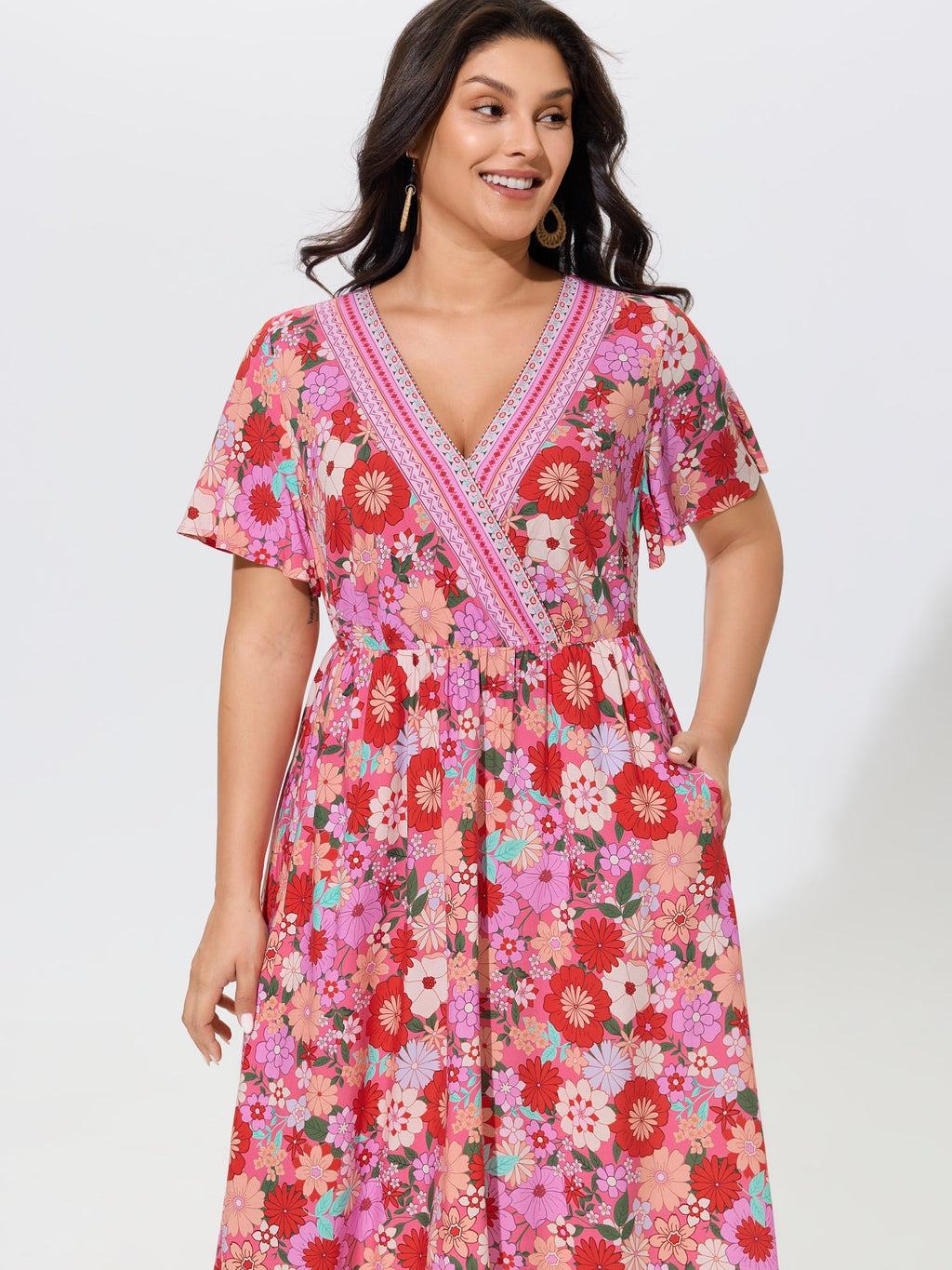 Supersoft Colorful Floral Print V Neck Ruffle Sleeve Midi Dress