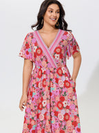 Supersoft Colorful Floral Print V Neck Ruffle Sleeve Midi Dress