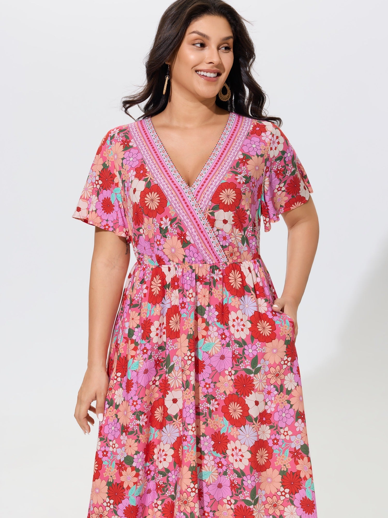 Supersoft Colorful Floral Print V Neck Ruffle Sleeve Midi Dress