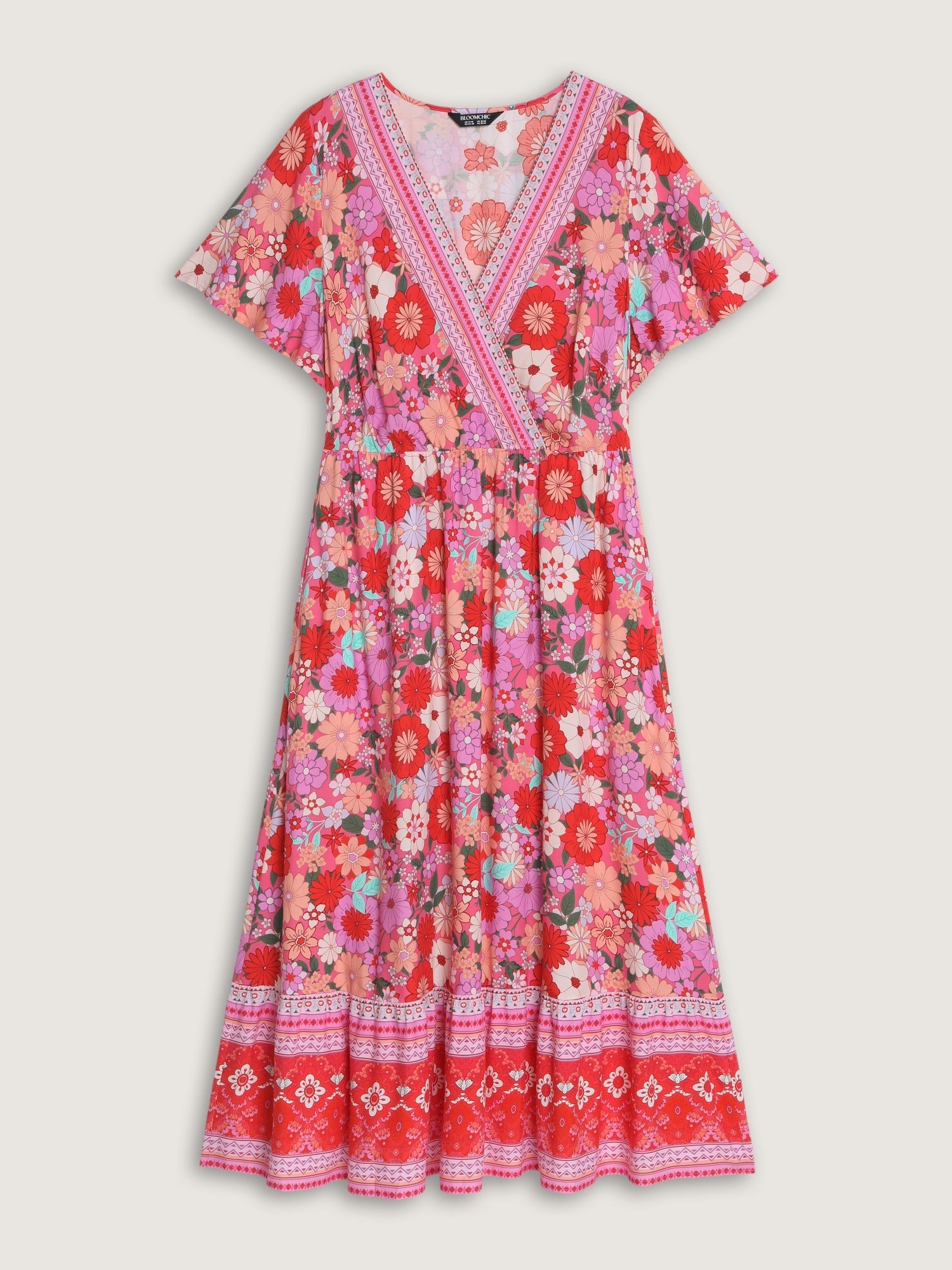 Supersoft Colorful Floral Print V Neck Ruffle Sleeve Midi Dress