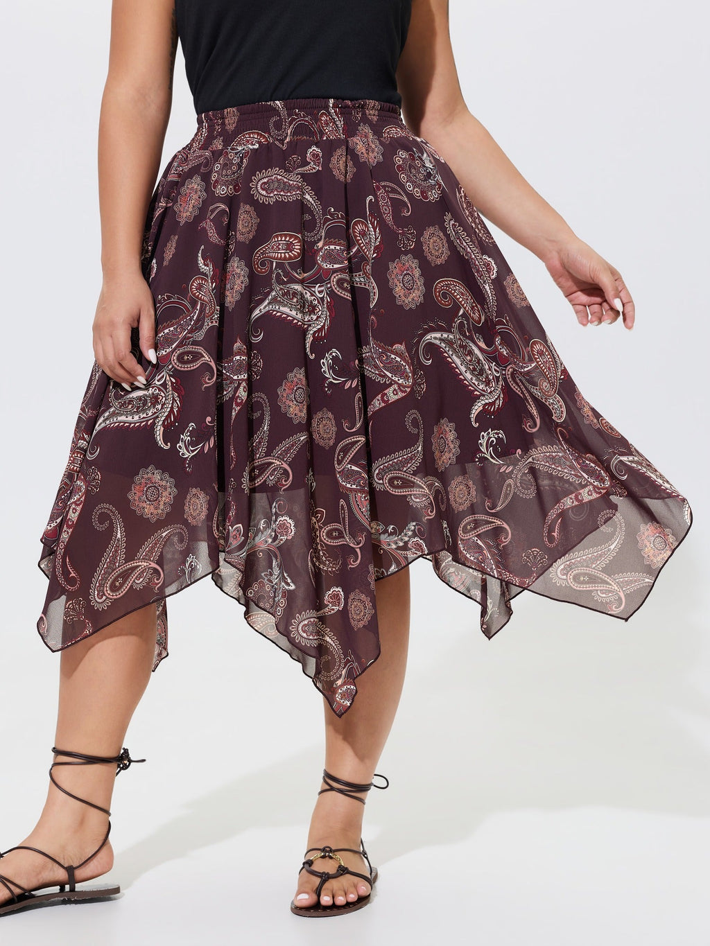 Paisley Print Shirred Waist Asymmetrical Mesh Midi Skirt