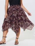 Paisley Print Shirred Waist Asymmetrical Mesh Midi Skirt