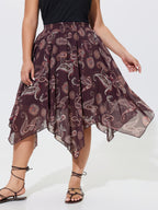 Paisley Print Shirred Waist Asymmetrical Mesh Midi Skirt